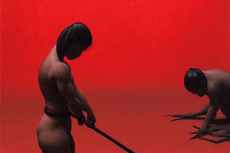 Image similar to only with red, a red samurai do seppuku, tokio, a lot of frogs watch, in the style of beksinski, parts by edward hopper, parts by rodcenko, parts by yue minjun, intricate and epic composition, red by caravaggio, insanely quality, highly detailed, masterpiece, red light, artstation, 4 k