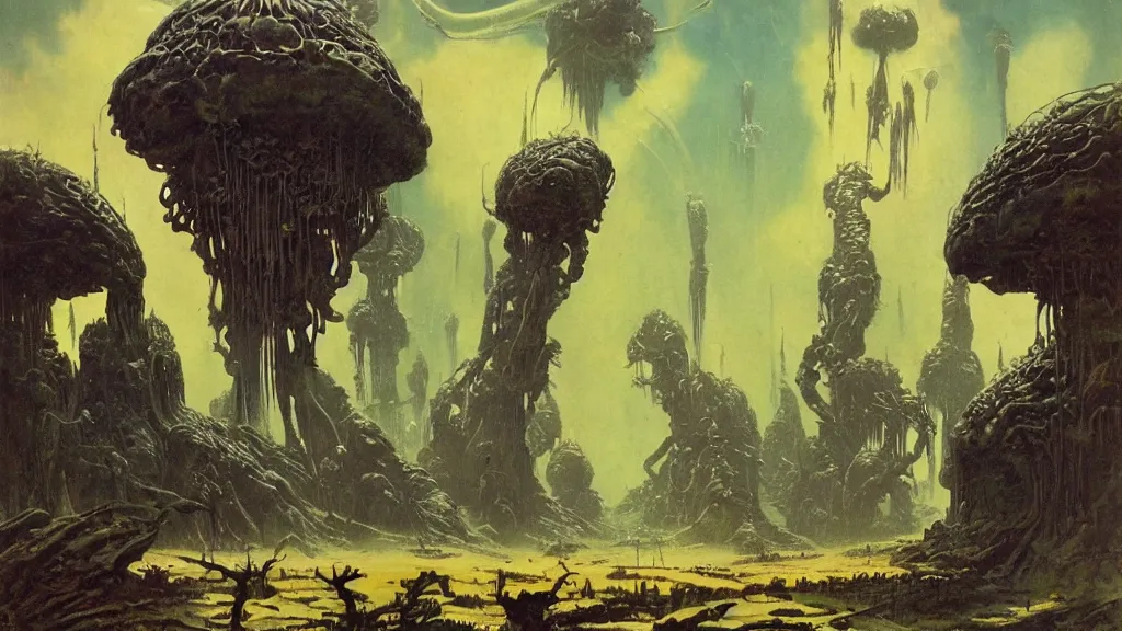 Image similar to surreal eerie alien planet empire with strange biomechanical plants by frank frazetta and bruce pennington, cinematic matte painting