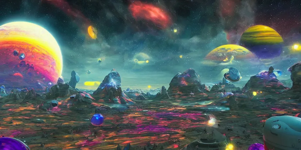 Image similar to a beautiful painting of an elaborate space sci - fi scene painted by bosch and lisa frank, detailed, unreal engine