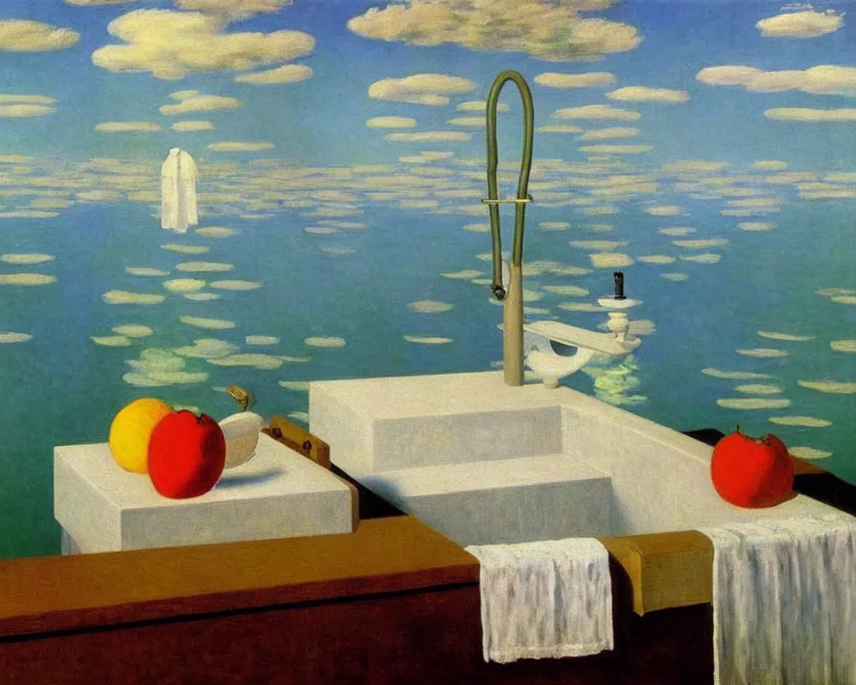 Image similar to achingly beautiful painting of a sophisticated, well - decorated kitchen sink by rene magritte, monet, and turner. whimsical.