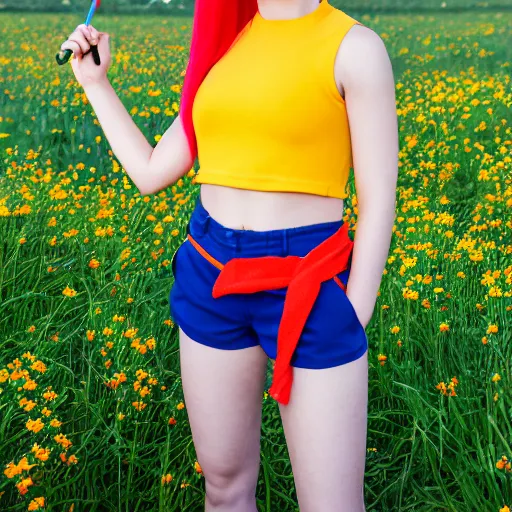 Image similar to misty from pokemon, her orange hair in a side ponytail, wearing a yellow shiort sleeved crop top and blue daisy duke shorts with red suspenders on top, standing in a field, by gottfried helnwein, dslr full body portrait, sigma 8 5 mm f 1. 8