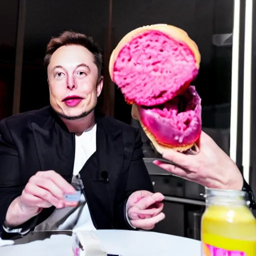 Image similar to elon musk eating a pink burger