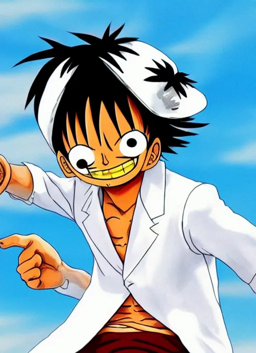 Prompt: a real life image of luffy wearing a white suit, Golden Hour Effect, trending on ArtStation