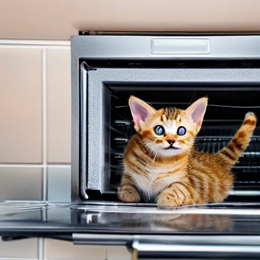 Prompt: a tabby kitten inside a kitchen oven looking at camera, close up