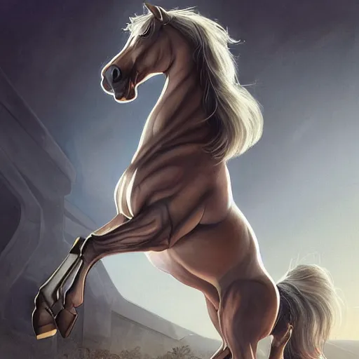 Image similar to an enormously muscular anthro horse in a research facility wearing a skintight body armor, exaggerated physique, long white mane, equine, anthro art, furaffinity, highly detailed, digital painting, artstation, concept art, illustration, art by artgerm, greg rutkowski, ruan jia