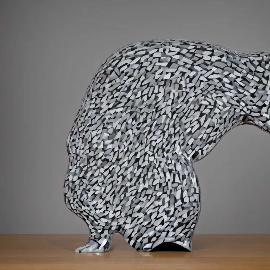 Prompt: beautiful gallery show studio photograph of a giant realistic geometric ceramic sculpture of a greyhound!!!!, heavily glazed by bridget riley and victor vasarely, placed on a polished wooden table, colorful hyperrealism 8 k trending on artstation