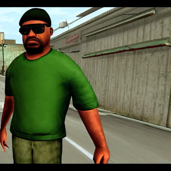 Image similar to screenshot of big smoke in green clothing from gta san andreas for the ps 2