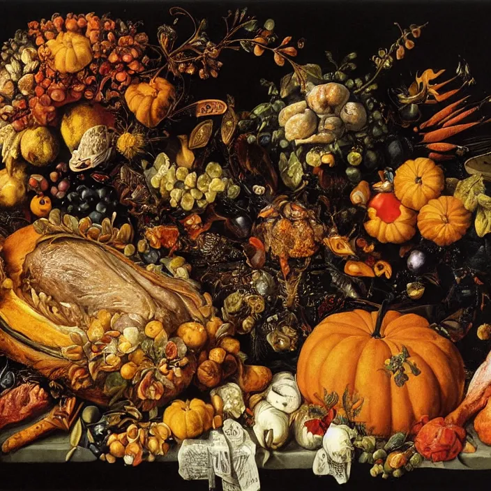 Prompt: victorian thanksgiving feast, cornucopia, black background, vanitas, a still life by giuseppe arcimboldo, a flemish baroque by jan davidsz. de heem, intricate high detail masterpiece