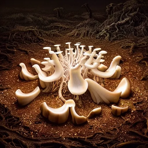 Image similar to a beautiful macro photography on a rotten stump is a small family of conical oyster mushrooms, which are suspiciously reaching for an unusual symbol on the wall depicting a dissected cross, hyper detailed, warm volumetric lights, made by gerald brom and mike winkelmann, photorealism