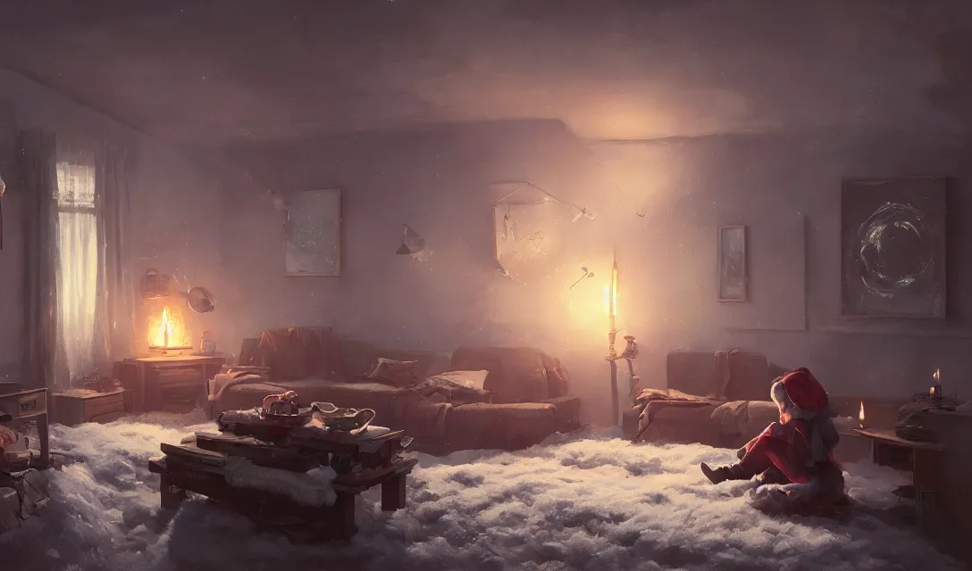 Image similar to a christmas eve photorealistic painting, cozy home, interior, sci - fi, wlop, concept art, octane render, deviantart, greg rutkowski, cinematic, key art, hyperrealism