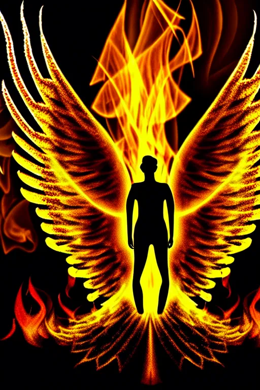 Image similar to angel with fully spread wings floating in the air surveying parched and burned forest, smoke and fire, highly intricate wings!, roots, hdr!, photorealistic,