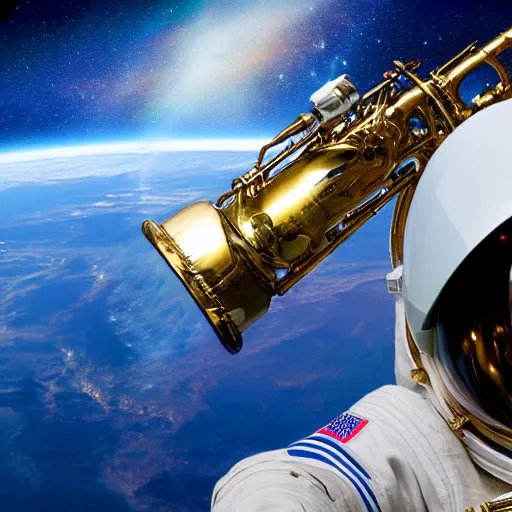 Image similar to astronaut using a saxophone in space, hd, earth, realistic, detailed, award winning image