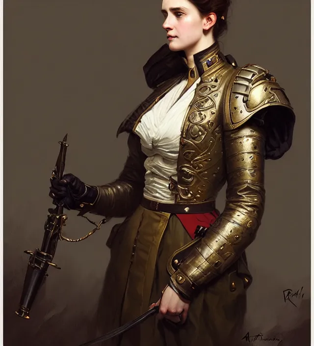 Image similar to portrait of a french woman wearing a traditional nineteenth century french empire military jacket, metal shoulder pauldrons, intricate, highly detailed, digital painting, artstation, concept art, sharp focus, cinematic lighting, illustration, art by artgerm and greg rutkowski, alphonse mucha, cgsociety