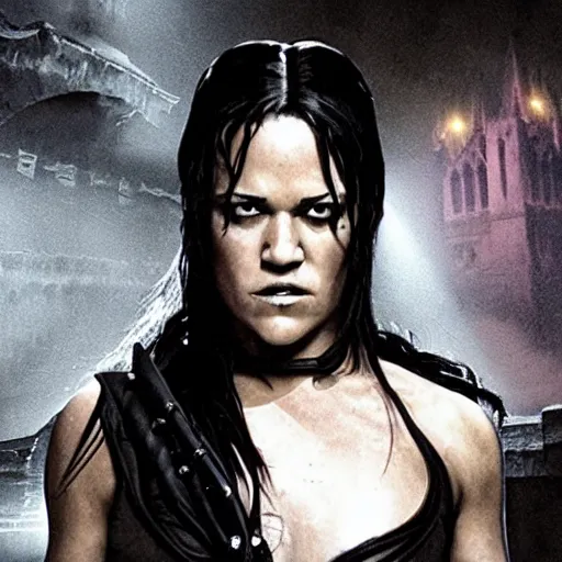 Prompt: michelle rodriguez as a female demon in a gloomy gothic cathedral at night