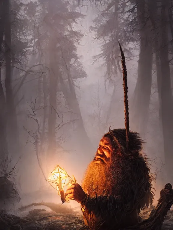 Prompt: Frightened Huntsman High Fantasy Dwarf treading through Haunted Swamp with Glowing Lights, RPG Portrait Reference, Oil Painting, Trending on Artstation, octane render, Insanely Detailed, 8k, HD