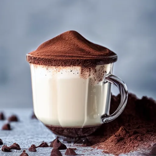 Prompt: food photography of hot chocolate drink in tall glass with cream on top and cocoa powder, chocolate pieces, canon macro lens, moody lighting, stock photos, front angle view, transparent background