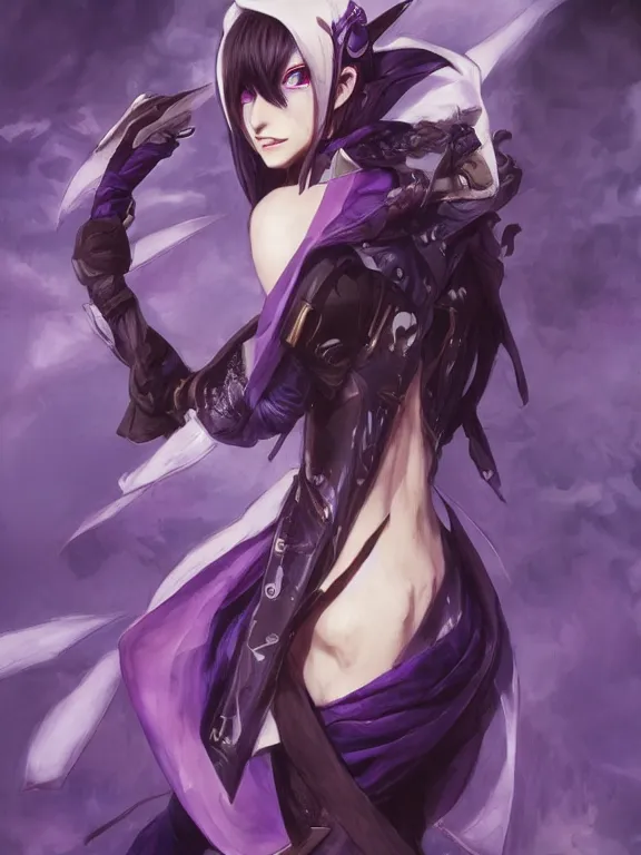 Image similar to manly eccentric lelouch lamperouge, purple eyes, hyper detailed, digital art, trending in artstation, cinematic lighting, studio quality, smooth render, unreal engine 5 rendered, octane rendered, concept art, smooth, sharp focus, illustration, art by artgerm and greg rutkowski and alphonse mucha and ian sprigger and wlop