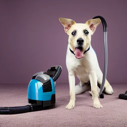 Prompt: dog startled by vacuum cleaner, studio portrait