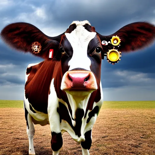 Prompt: Cow with mechanical wings, full-body portrait, 4k, 8k