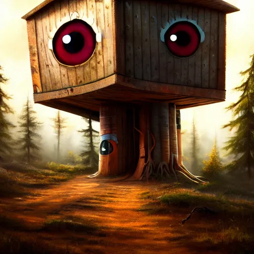 Image similar to a walking wood and metal house with two legs and one big eye, rust, hyperrealistic, highly detailed, cinematic, single ray of sun, morning, pareidolia, gravity falls style, disney, beautiful, cgssociety, artstation, 8 k, oil painting, digital art