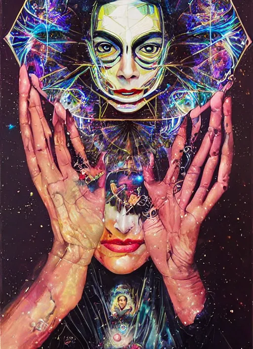 Image similar to gorgeous magic cult psychic woman smiling, third eye, energetic consciousness psychedelic, epic surrealism expressionism symbolism, story telling, iconic, dark robed, oil painting, symmetrical face, dark myth mythos, by Sandra Chevrier, Noriyoshi Ohrai masterpiece