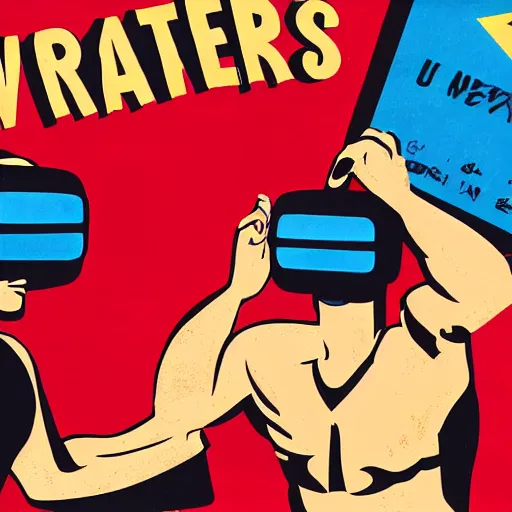 Image similar to a illustration of wrestlers wearing a vr headset, shrugging arms, movie premiere poster, close up, portrait, dramatic, 1 9 6 0 s, highly detailed