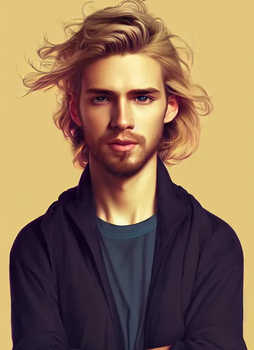 Image similar to handsome young man with shoulder length blond hair, half body shot, path traced, highly detailed, high quality, digital painting, alena aenami, lilia alvarado, shinji aramaki, karol bak, alphonse mucha, tom bagshaw