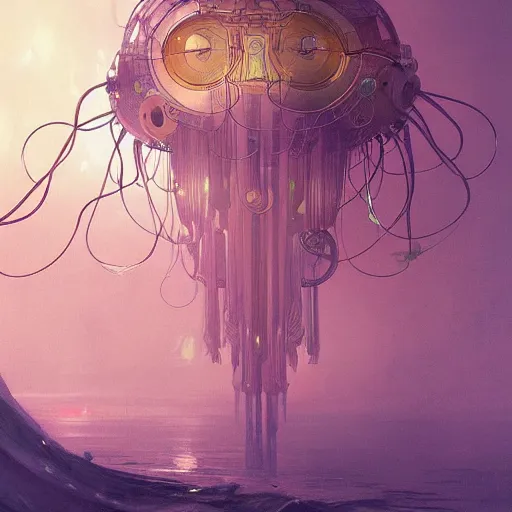 Prompt: A cybertronic jellyfish, sci-fi art by alphonse mucha and greg rutkowski, highly detailed, digital painting, concept art, illustration, dim lighting, trending on artstation, very detailed, smooth, sharp focus