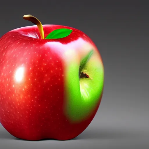 Prompt: a red apple with a green leaf on top of it, a raytraced image by Gabriel Dawe, cgsociety, optical illusion, ray tracing, angular, irridescent