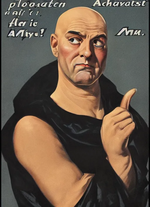 Image similar to portrait of glamorous bald medieval man with annoyed gesture, 1940s propaganda poster, full hd,highly detailed