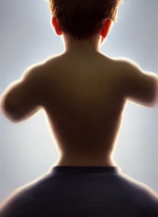 Prompt: perfectly - portrait of a boy wearing shirt from behind, backlighting, intricate, highly detailed, digital painting, artstation, concept art, smooth, sharp focus, illustration, unreal engine 5, 8 k, art by artgerm and greg rutkowski and alphonse mucha