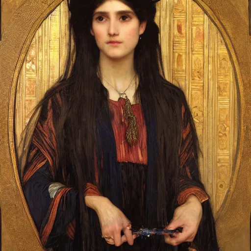 Image similar to orientalist portrait of a tired!! witch in formal wear holding an iridescent oak magic wand intricate portrait by john william waterhouse and Edwin Longsden Long and Theodore Ralli and Henryk Siemiradzki, very coherent symmetrical artwork. Cinematic, hyper realism, high detail 8k