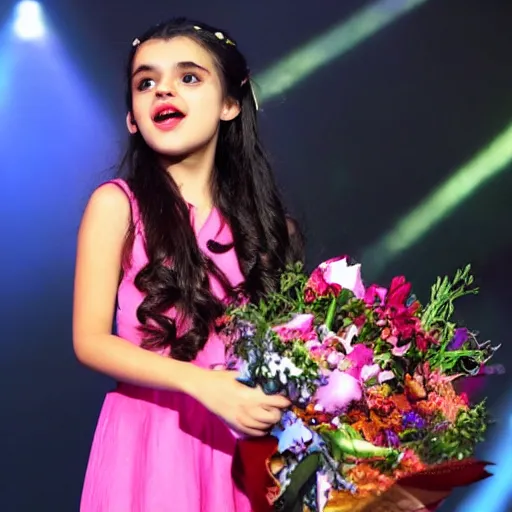 Prompt: Angelina Jordan singing on stage with a bouquet of flowers in her hair