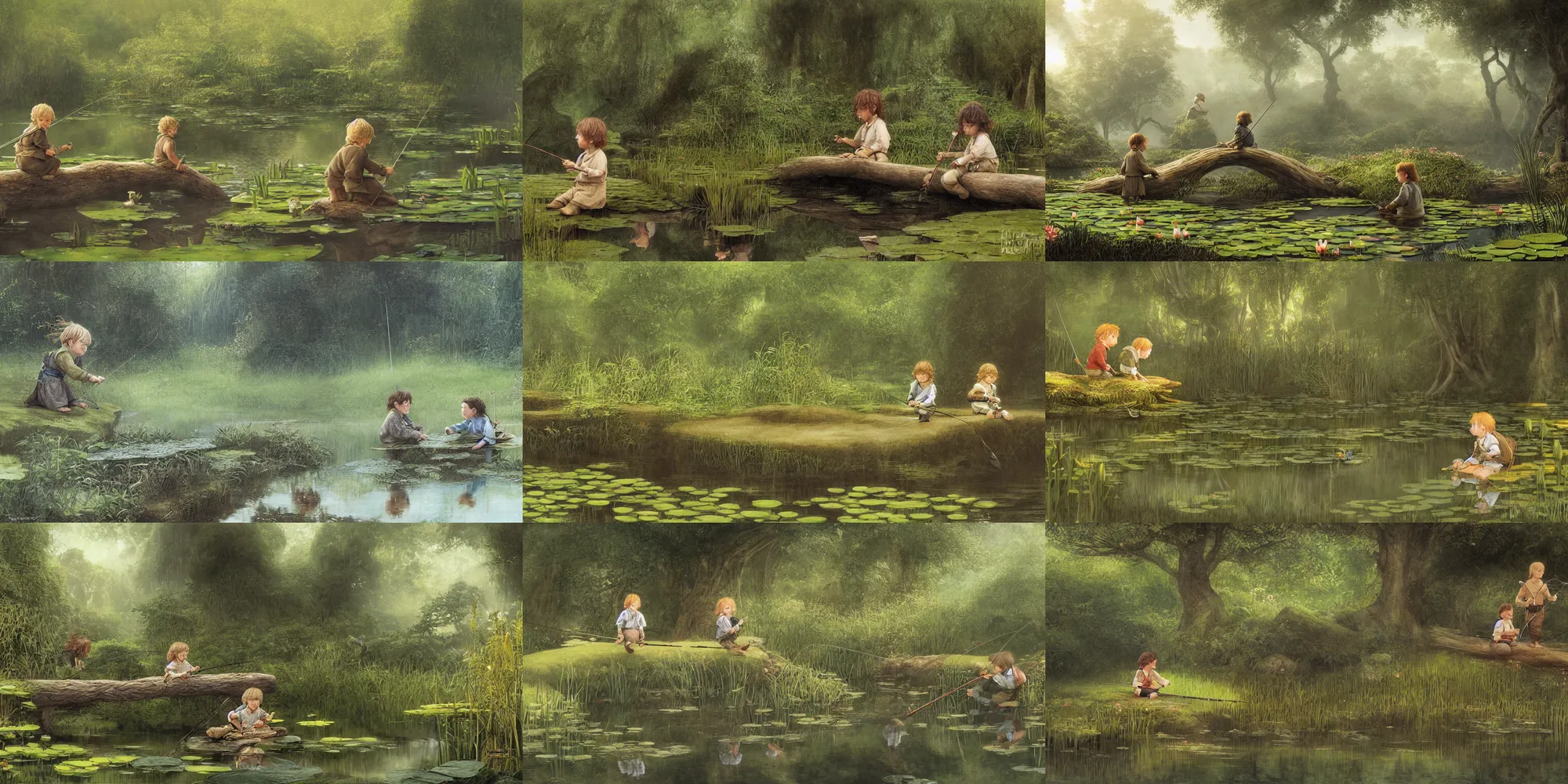 Prompt: two hobbit children with fishing poles sit on a log fishing in a mirror - like pond covered with lotus flowers, by alan lee, dark forest background, sunlight filtering through the trees, digital art, art station.