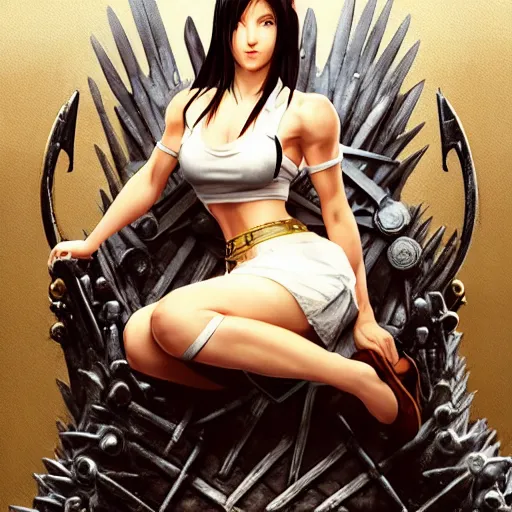 Image similar to a painting of tifa from final fantasy 7 in kings landing from game of thrones, sitting majestic on the iron throne, by greg rutkowski, artgerm, wlop, ruan jia, krenz cushart, alphonse mucha, marble, gold, unreal engine 5