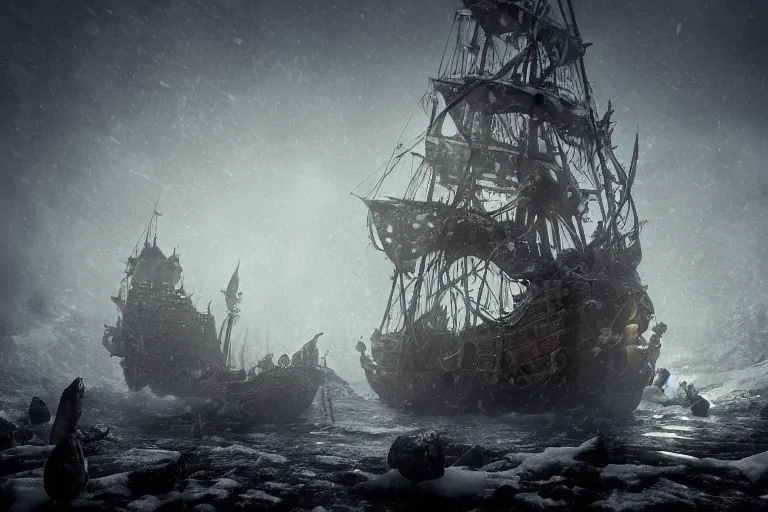 Image similar to a pirate ship with elaborate design driven by skeletons in the middle of a snowstorm, dark souls inspired, elden ring inspired, octane render, rtx, unreal engine 5, digital painting, trending on artstation, highly detailed, epic composition, 8 k uhd