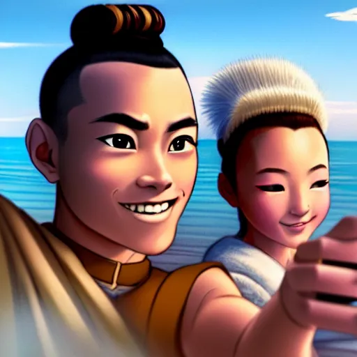 Image similar to beautiful serene intricate photograph of sokka and suki taking a selfie, smiling softly, relaxing on the beach, golden hour, soft focus, 8 k, art by irakli nadar, hyperrealism, hyperdetailed, ultra realistic