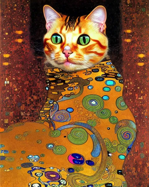 Image similar to cat portrait an oil painting splashes with many colors and shapes by gustav klimt greg rutkowski and alphonse mucha, polycount, generative art, psychedelic, fractalism, glitch art