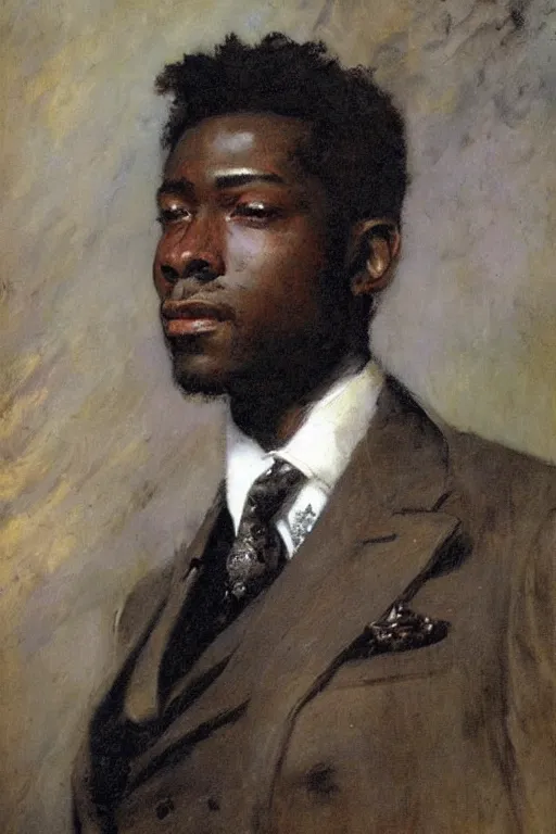 Prompt: portrait of a sophisticated black man in a pristine white dress shirt. his eyes are black pits of cosmic darkness. art by gaston bussiere.