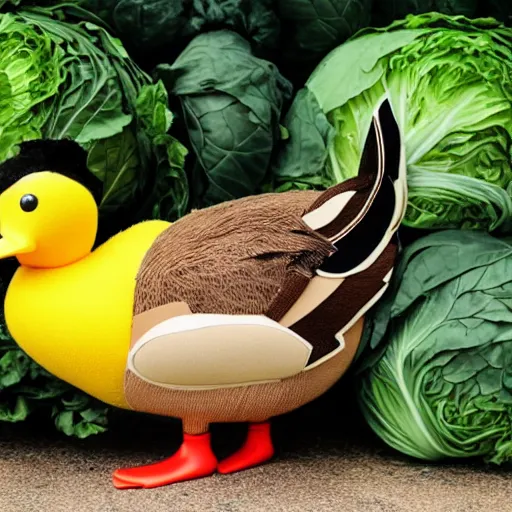 Image similar to a duck dressed as cabbage