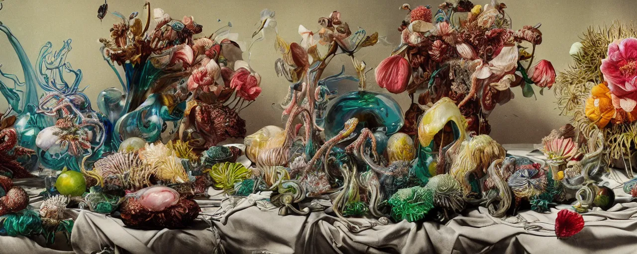 Image similar to ultradetailed reailistic still life with jelly flowers by ernst haeckel, caravaggio, roger dean and andrei tarkovsky, slime and tentacles, wide angle, cinematic, octane render, bokeh, unreal engine, 4k 3d render