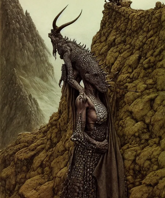 Image similar to a detailed horned crocodilewoman stands among the hills. wearing a ripped mantle, robe. extremely high details, realistic, fantasy art, solo, masterpiece, artstation contest winner, art by zdzisław beksinski, arthur rackham, dariusz zawadzki