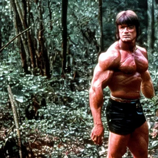 Image similar to a photo of arnold schwarzenegger as rambo, in the jungle, sweat, little dirty, high details