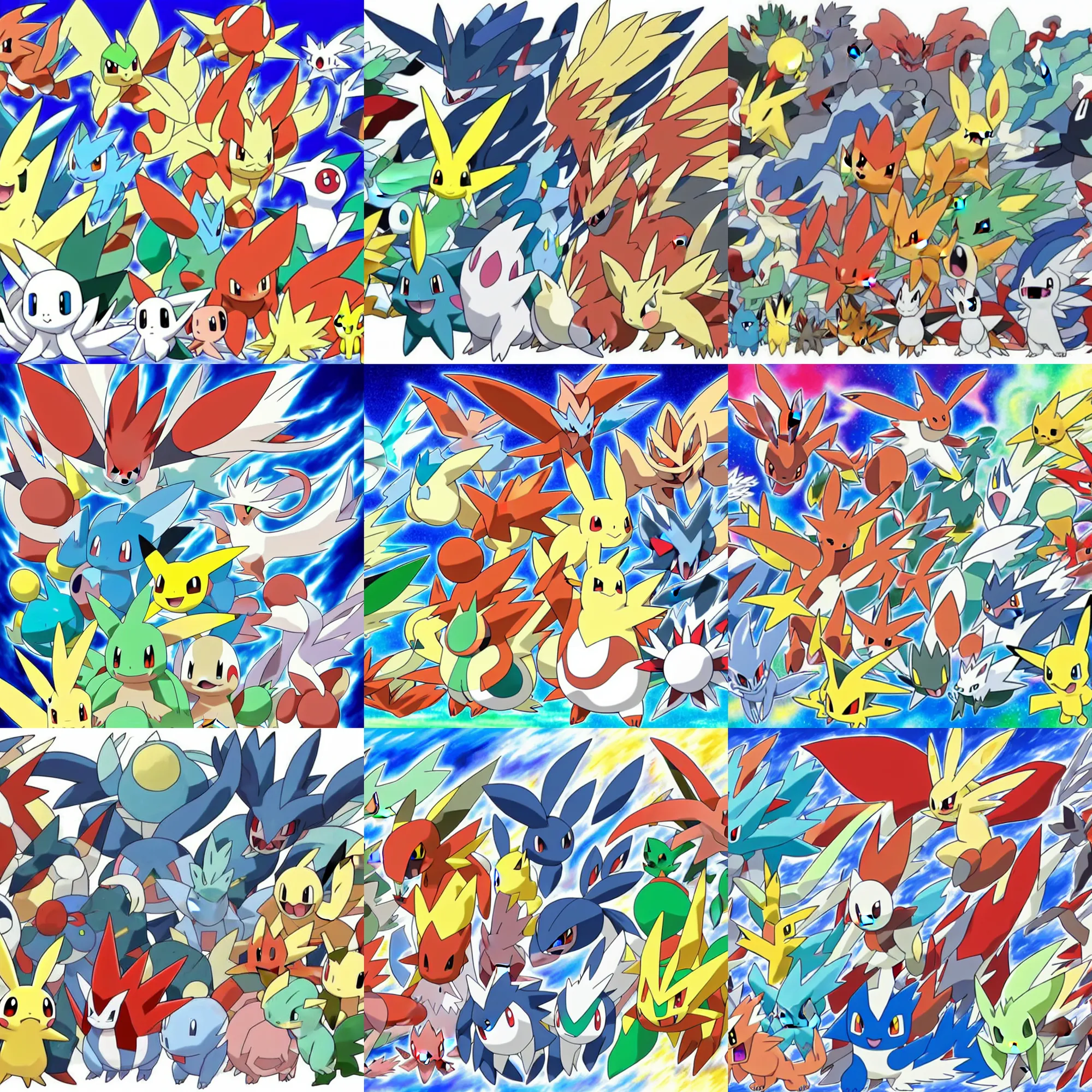 Image similar to official art of a diverse crowd of Pokémon, by Ken Sugimori and Junichi Masuda, whitespace, Bulbapedia, Pokémon logo, ninetales kyogre blaziken camerupt seaking lanturn moltres