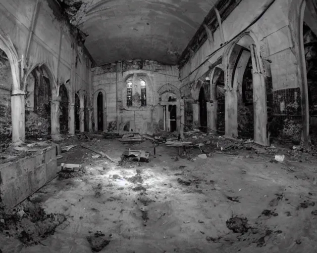 Prompt: game screenshot of a group of soldiers in an abandoned church, high exposure, dark, monochrome, camera, grainy, CCTV, security camera footage, timestamp, zoomed in, fish-eye lense, source engine footage, L4D screenshot, steam community