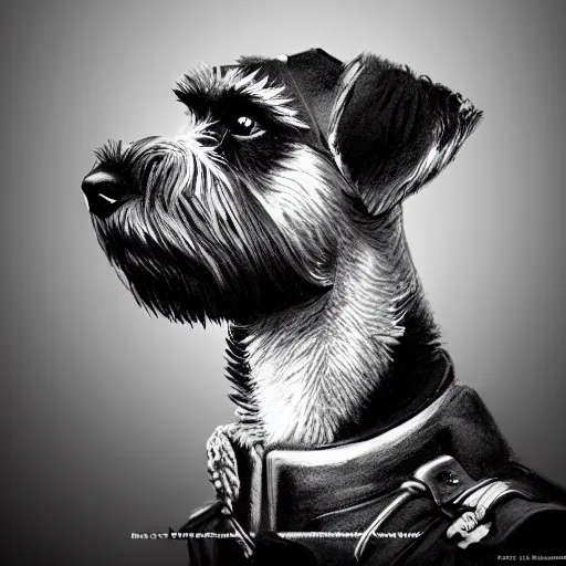 Image similar to portrait of stoic looking miniature schnauzer, military uniform, black fir, white eyebrows, fantasy, intricate, elegant, highly detailed, centered, dark, smokey, charcoal painting, digital painting, artstation, concept art, smooth, sharp focus, illustration, art by artgerm