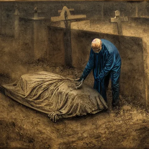 Image similar to one man in a cemetery digging up a dead body, by nicola samori, painting, 8 k, high detail, blue, orange, and dark green tones, high quality, sad feeling, high detail, dark colors, sinister atmosphere, dramatic lighting, cinematic, establishing shot, extremely high detail, photo realistic, cinematic lighting, album cover