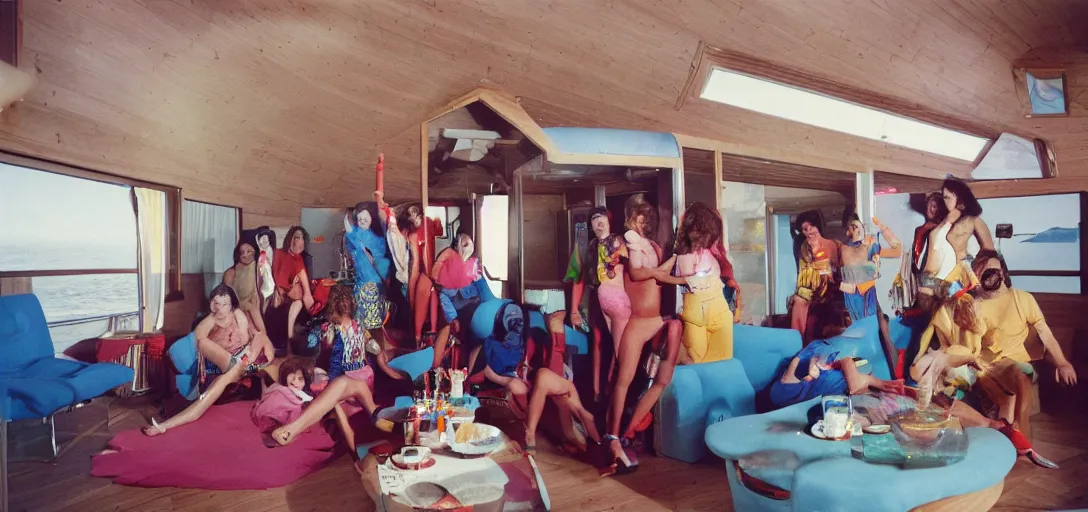 Image similar to first-person perspective view of happy people wearing discowear having a party inside of a 1970s luxury a-frame cabin with a soviet computer console on the wall, large windows, an exterior of a sunlit ocean beach, ektachrome photograph, f8 aperture