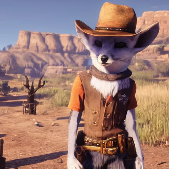 Prompt: screenshot of an anthropomorphic blue fennec fox in cowboy attire from red dead redemption 1