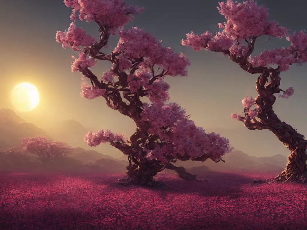 Image similar to a Photorealistic complex hyper detailed hyper realistic rendering of a gigantic eerie knotted tree full of beautiful blossoming pink Sakura flowers in a desert valley with flowers scattered all over the ground at sunset by Craig Mullins,Greg Rutkowski,Beautiful dynamic dramatic dark moody lighting,shadows,volumetric,Cinematic Atmosphere,high surface and silhouette details,Octane Render,8k